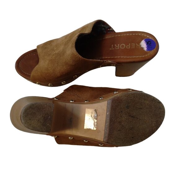Report Women's Size 8.5 Faux Suede Dark  Tan Slip On Open Toe Block Heel Clogs - Picture 7 of 7